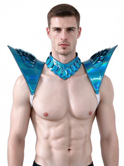 Burning Man Holographic Laser Blue Dragon Scale Armor, Rave Shoulder Piece Armor EDM Festival Outfits