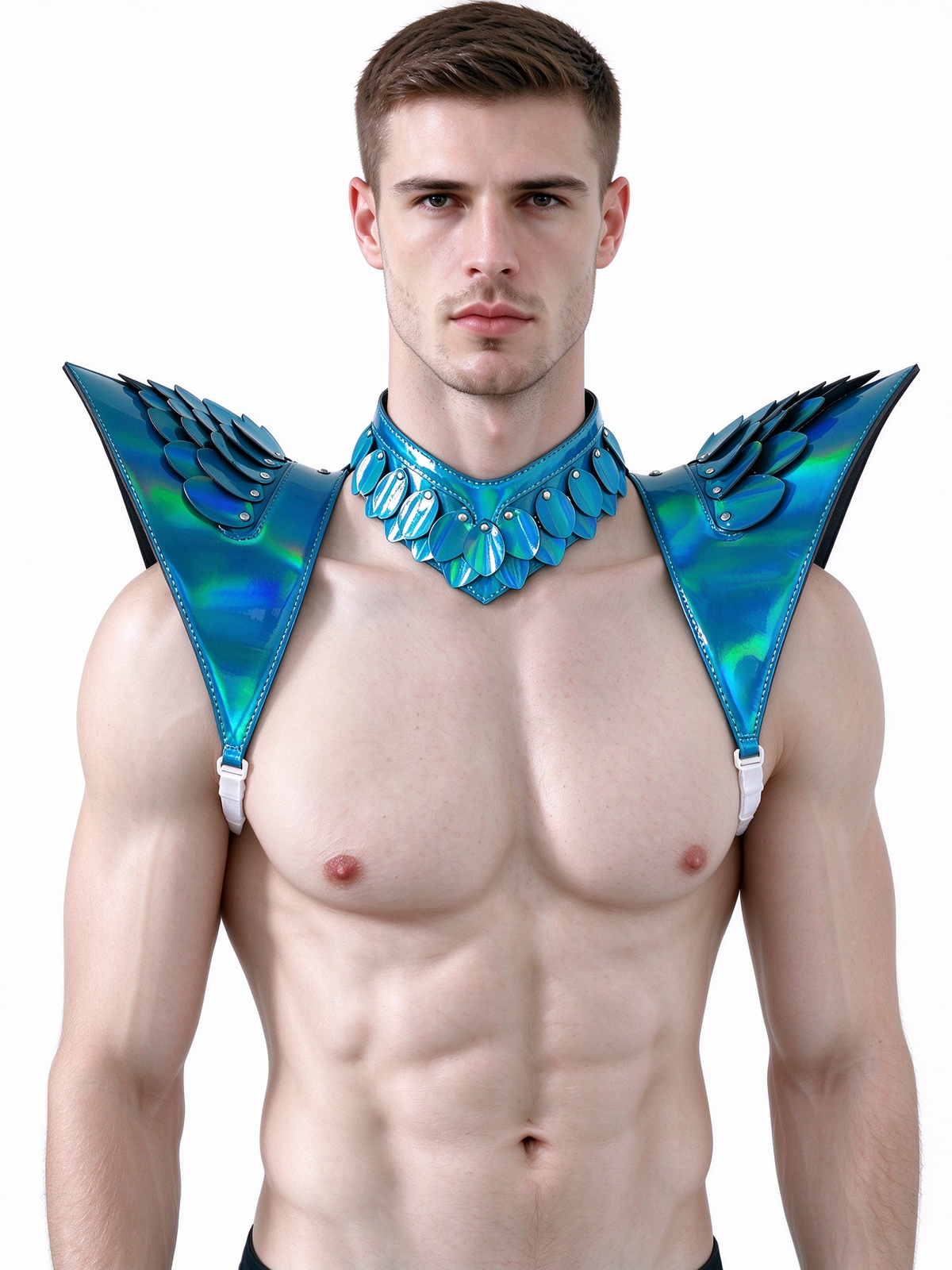 Burning Man Holographic Laser Blue Dragon Scale Armor, Rave Shoulder Piece Armor EDM Festival Outfits