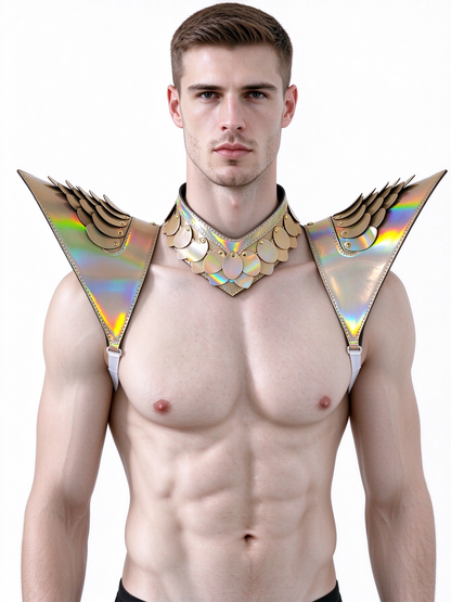 Burning Man Holographic Laser Gold Dragon Scale Armor, Rave Épaule, Festival Choker Cape, Épaulettes Costumes de Carnaval