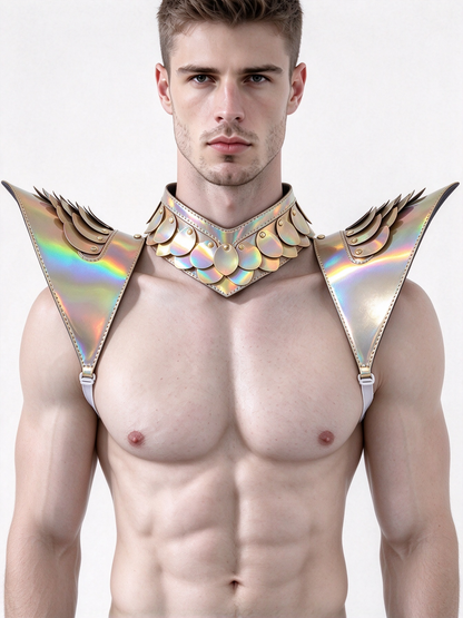 Burning Man Holographic Laser Gold Dragon Scale Armor, Rave Épaule, Festival Choker Cape, Épaulettes Costumes de Carnaval