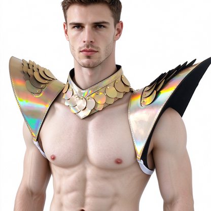 Burning Man Holographic Laser Gold Dragon Scale Armor, Rave Épaule, Festival Choker Cape, Épaulettes Costumes de Carnaval