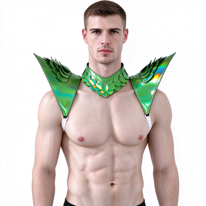 Burning Man Holographic Laser Gold Dragon Scale Rüstung, Rave Schulterstück, Festival Choker Cape, Schulterpolster Karnevalskostüme