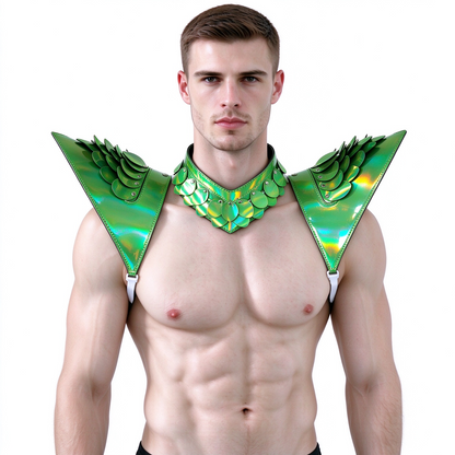 Burning Man Holographic Laser Gold Dragon Scale Rüstung, Rave Schulterstück, Festival Choker Cape, Schulterpolster Karnevalskostüme