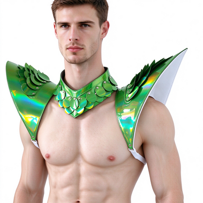 Burning Man Holographic Laser Gold Dragon Scale Rüstung, Rave Schulterstück, Festival Choker Cape, Schulterpolster Karnevalskostüme