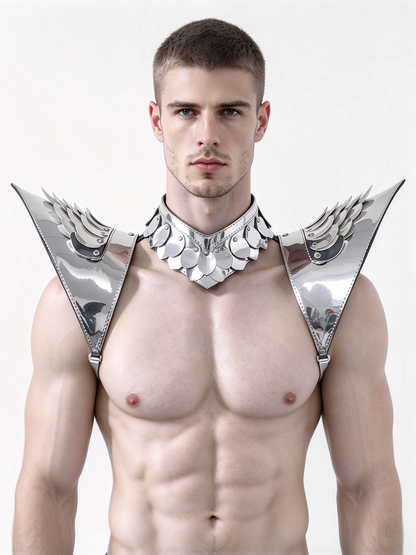 Burning Man Holographic Silver Dragon Scale Armor, Rave Épaule, Festival Choker Cape, Épaulettes Costumes de Carnaval