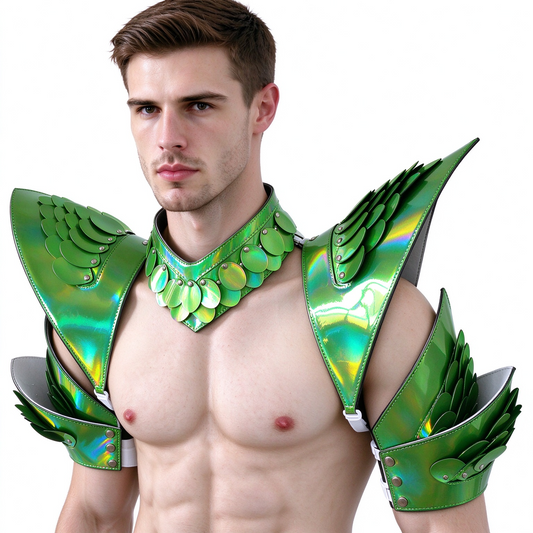 Burning Man Holographic Rave Laser Green Dragonscale Arm & Pauldrons Armor EDM Festival Outfits