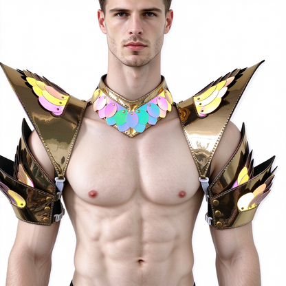Burning Man Holographic Rave Gold Edge Reflective Dragon Scale Arm & Shoulder Piece Armor EDM Festival Outfits