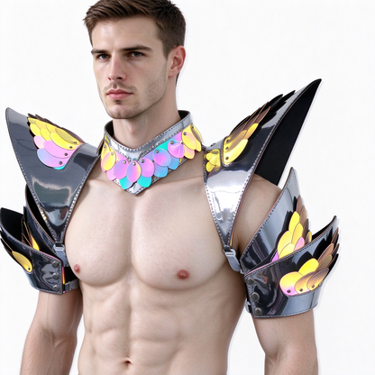 Burning Man Holographic Rave Silver Edge Reflective Dragon Scale Arm & Shoulder Piece Armor EDM Festival Outfits