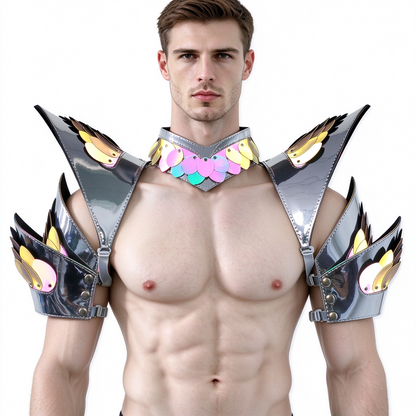 Burning Man Holographic Rave Silver Edge Reflective Dragon Scale Arm & Shoulder Piece Armor EDM Festival Outfits