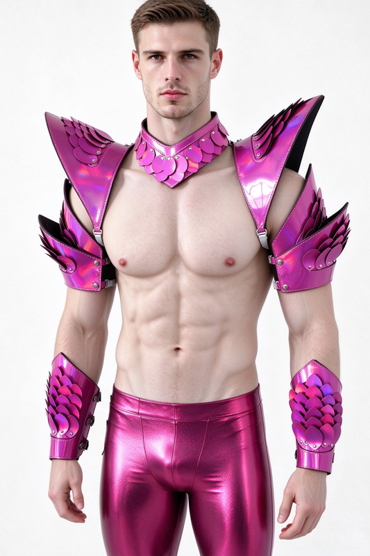 Burning Man Armure holographique en écailles de dragon rose rouge, pièce d'épaule rave, cape ras du cou du festival, épaulettes, costumes de festival de carnaval, tenues de vêtements