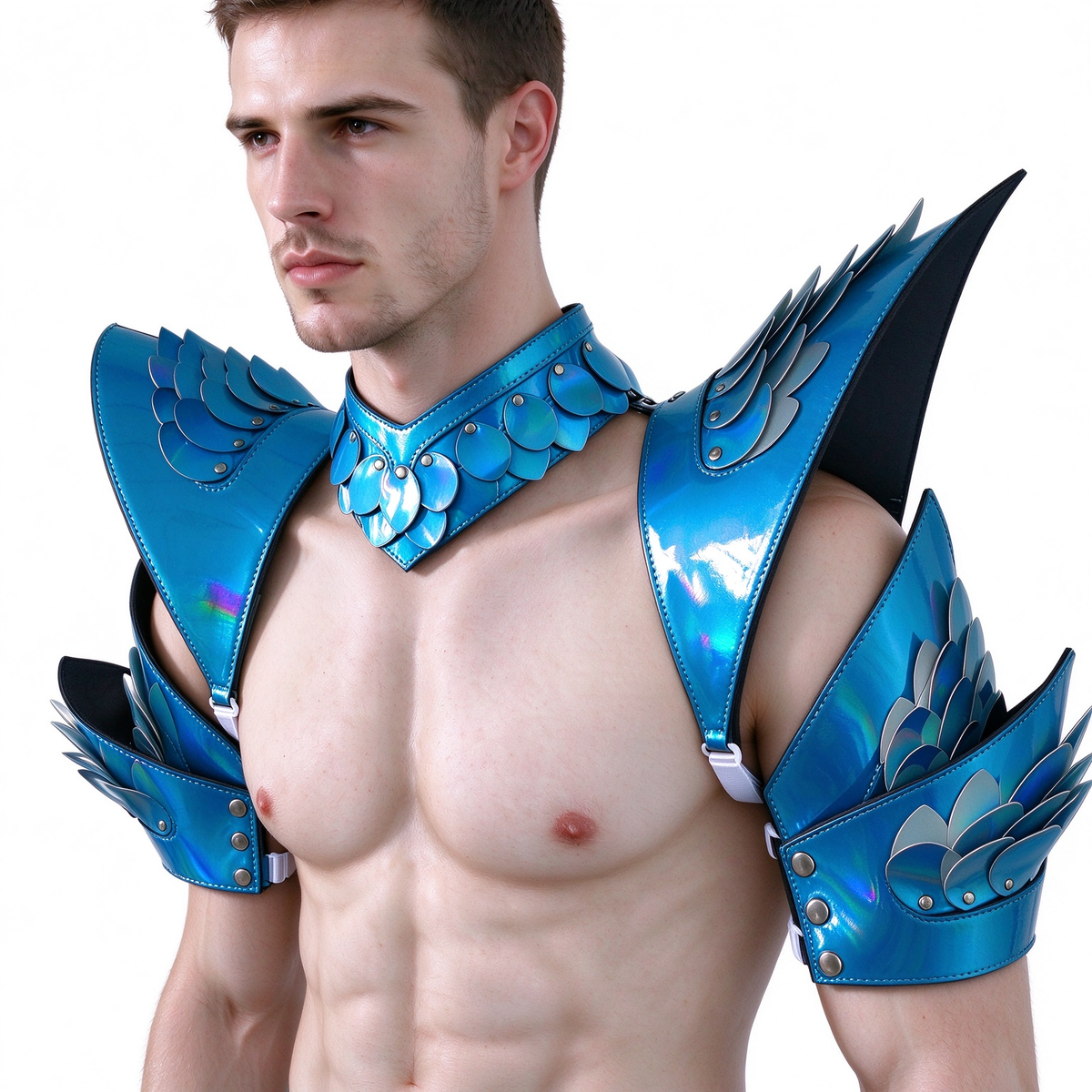 Burning Man Holographic Rave Laser Blue Dragon Scale Arm & Shoulder Piece Armor EDM Festival Outfits
