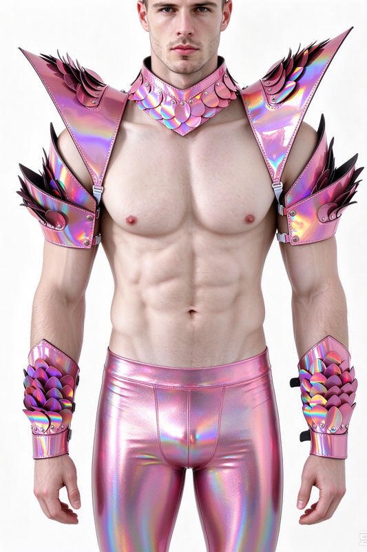 Burning Man Armure holographique en écailles de dragon rose laser, pièce d'épaule rave, cape ras du cou du festival, épaulettes, costumes de festival de carnaval, tenues de vêtements