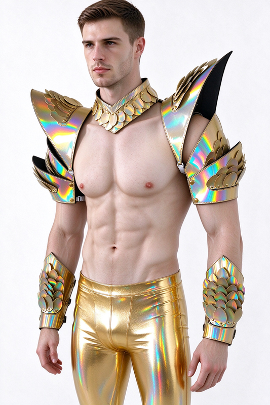 Burning Man Armure holographique en écailles de dragon doré au laser, pièce d'épaule rave, cape ras du cou du festival, épaulettes, costumes de festival de carnaval, tenues de vêtements