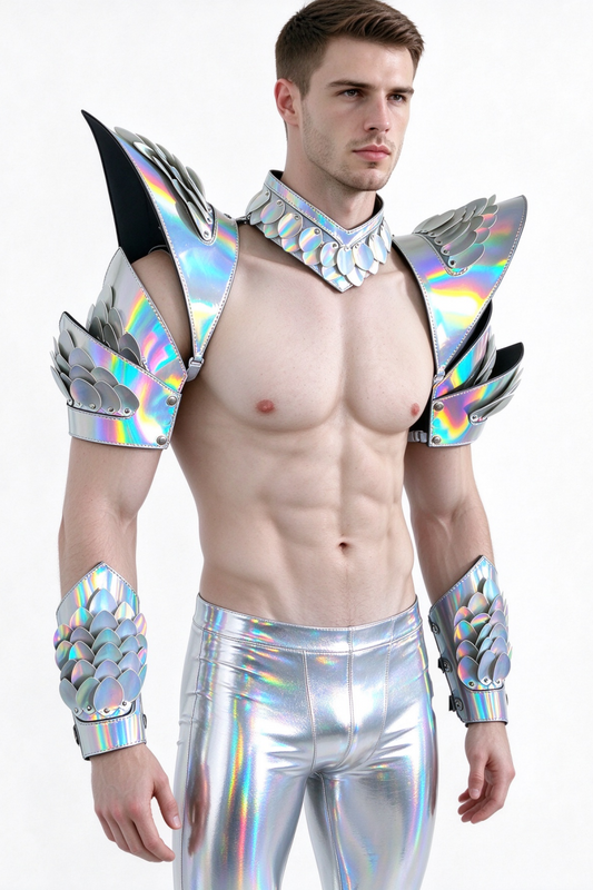 Burning Man Holographique Laser Argent Dragon Scale Armor, Rave Épaule, Festival Ras Du Cou Cape, Épaulettes Carnaval Festival Costumes Vêtements Tenues