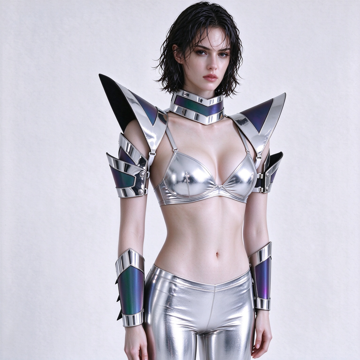 Burning Man holografische Damen-Rüstung mit Goldrand, reflektierende Rüstung, Rave-Schulterteil, Festival-Halsband-Umhang, Schulterpolster, Karneval, Festival, Kostüme, Kleidung, Outfits