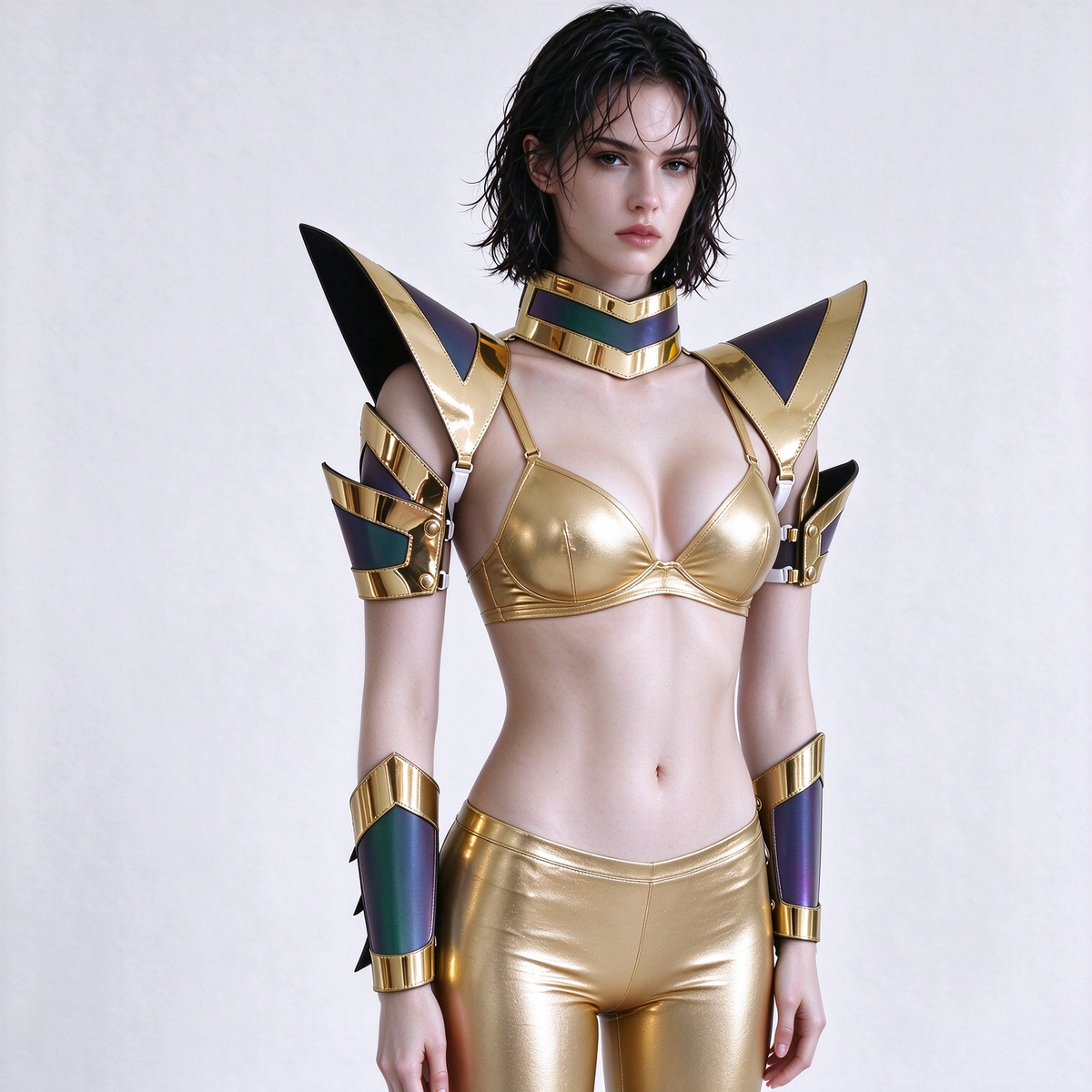 Burning Man Holographic Women Gold Edge Armure réfléchissante, pièce d'épaule rave, cape ras du cou du festival, épaulettes, costumes de festival de carnaval, tenues de vêtements