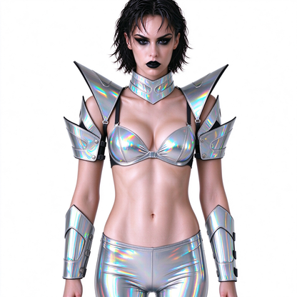 Burning Man holografische Damen-Rüstung mit Goldrand, reflektierende Rüstung, Rave-Schulterteil, Festival-Halsband-Umhang, Schulterpolster, Karneval, Festival, Kostüme, Kleidung, Outfits