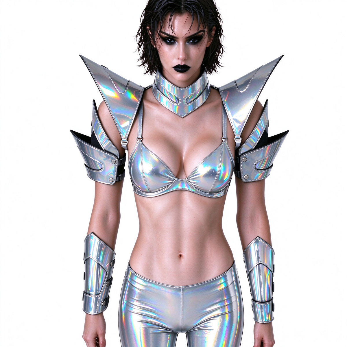 Burning Man holografische Damen-Rüstung mit Goldrand, reflektierende Rüstung, Rave-Schulterteil, Festival-Halsband-Umhang, Schulterpolster, Karneval, Festival, Kostüme, Kleidung, Outfits