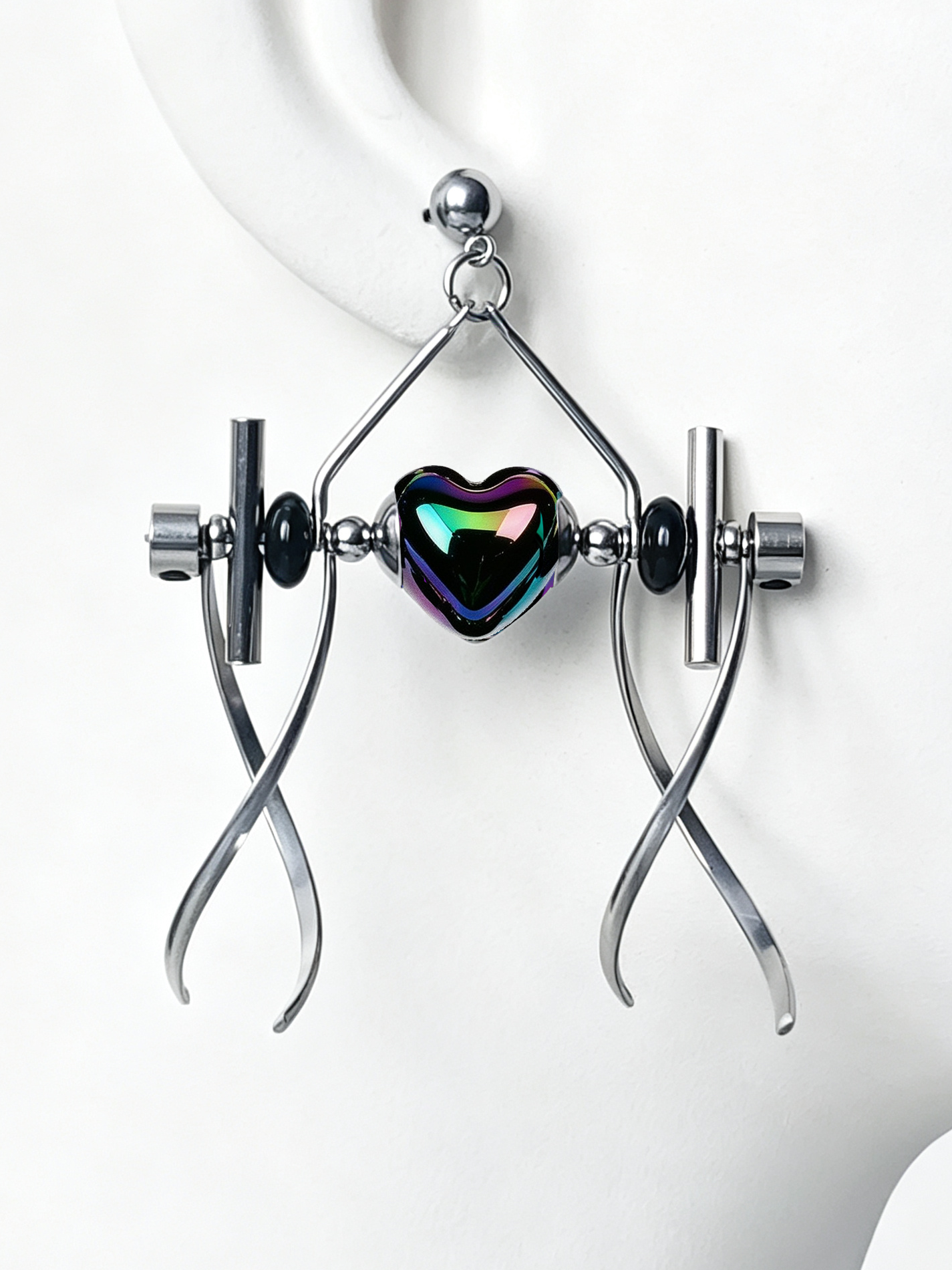 Punk Handmade Stainless Steel Earring, Holographic Rainbow Black Heart UV Bead Gothic Dangle Drop Earring Jewelry