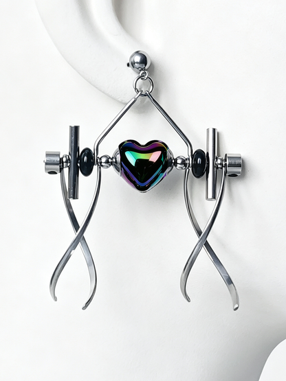 Punk Handmade Stainless Steel Earring, Holographic Rainbow Black Heart UV Bead Gothic Dangle Drop Earring Jewelry