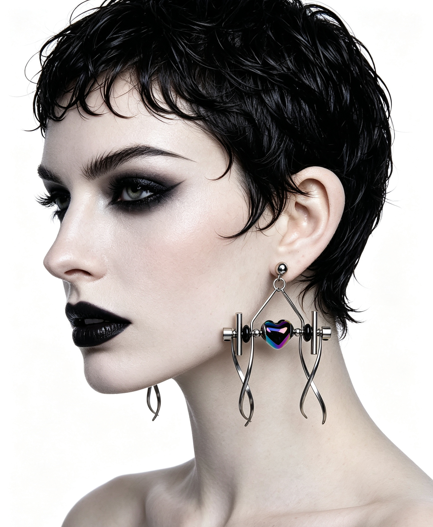 Punk Handmade Stainless Steel Earring, Holographic Rainbow Black Heart UV Bead Gothic Dangle Drop Earring Jewelry