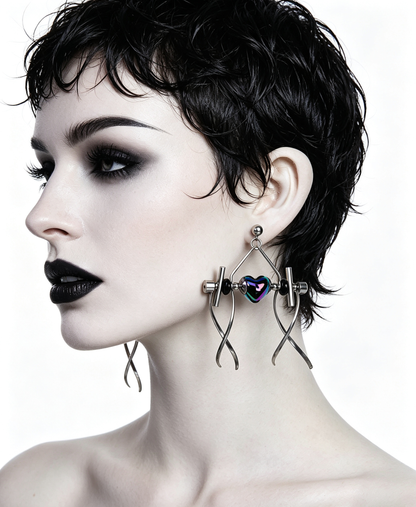 Punk Handmade Stainless Steel Earring, Holographic Rainbow Black Heart UV Bead Gothic Dangle Drop Earring Jewelry