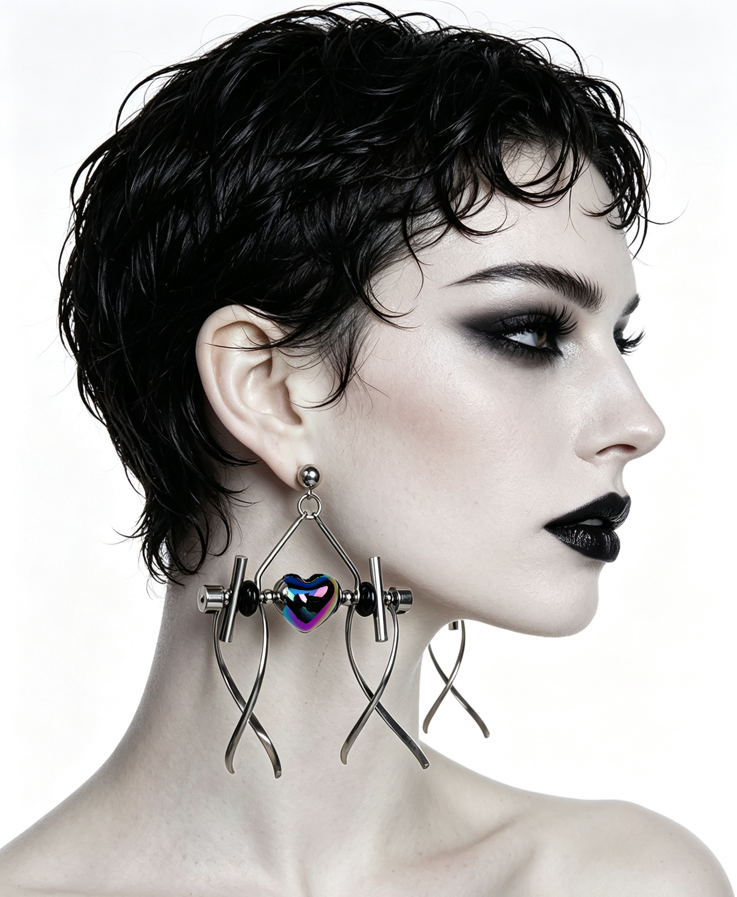 Punk Handmade Stainless Steel Earring, Holographic Rainbow Black Heart UV Bead Gothic Dangle Drop Earring Jewelry