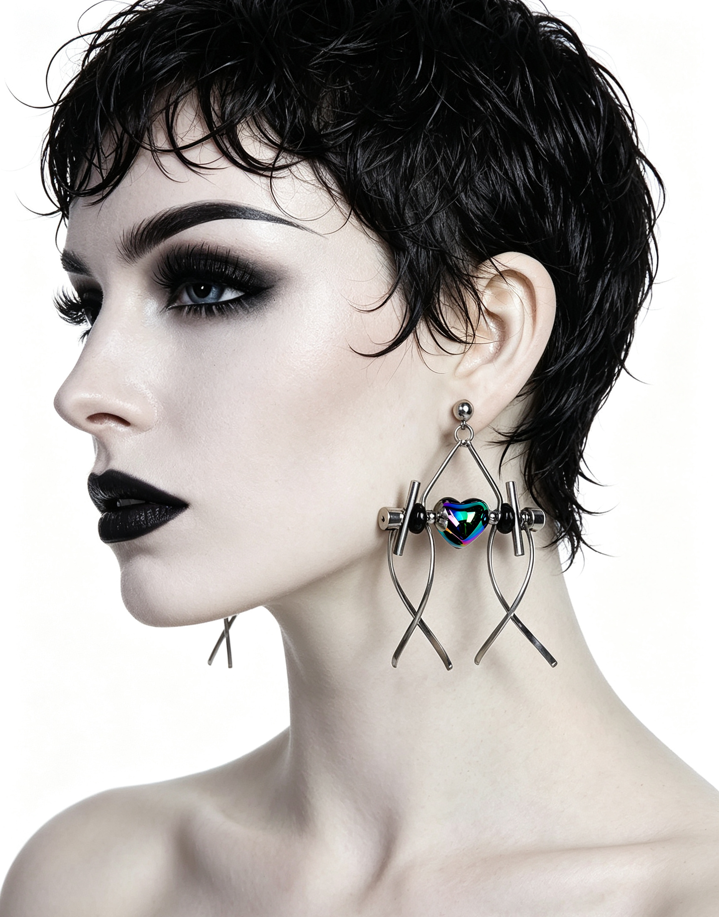Punk Handmade Stainless Steel Earring, Holographic Rainbow Black Heart UV Bead Gothic Dangle Drop Earring Jewelry
