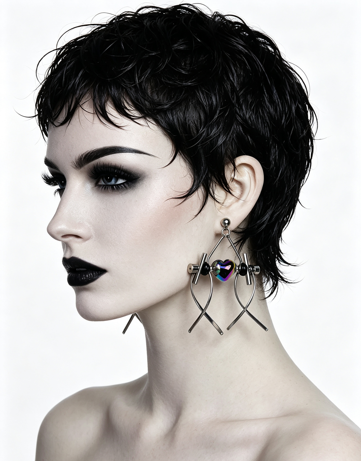 Punk Handmade Stainless Steel Earring, Holographic Rainbow Black Heart UV Bead Gothic Dangle Drop Earring Jewelry