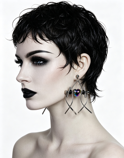 Punk Handmade Stainless Steel Earring, Holographic Rainbow Black Heart UV Bead Gothic Dangle Drop Earring Jewelry