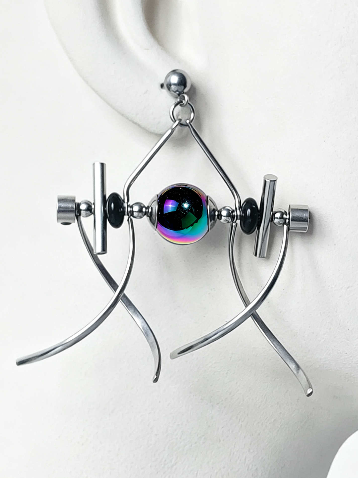 Handmade Stainless Steel Dangle Earring, Rainbow‑Holographic Black Round UV‑Bead Punk Gothic Drop Earring Jewelry