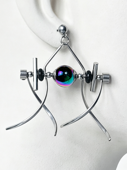 Handmade Stainless Steel Dangle Earring, Rainbow‑Holographic Black Round UV‑Bead Punk Gothic Drop Earring Jewelry