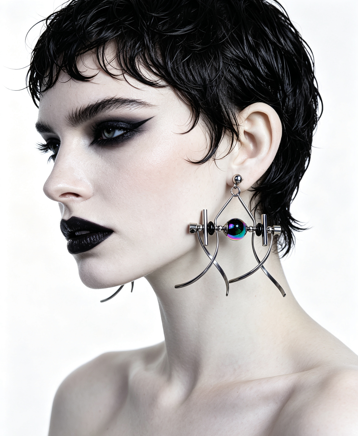Handmade Stainless Steel Dangle Earring, Rainbow‑Holographic Black Round UV‑Bead Punk Gothic Drop Earring Jewelry