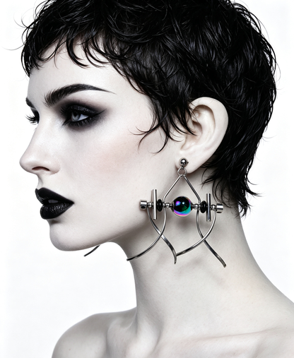 Handmade Stainless Steel Dangle Earring, Rainbow‑Holographic Black Round UV‑Bead Punk Gothic Drop Earring Jewelry