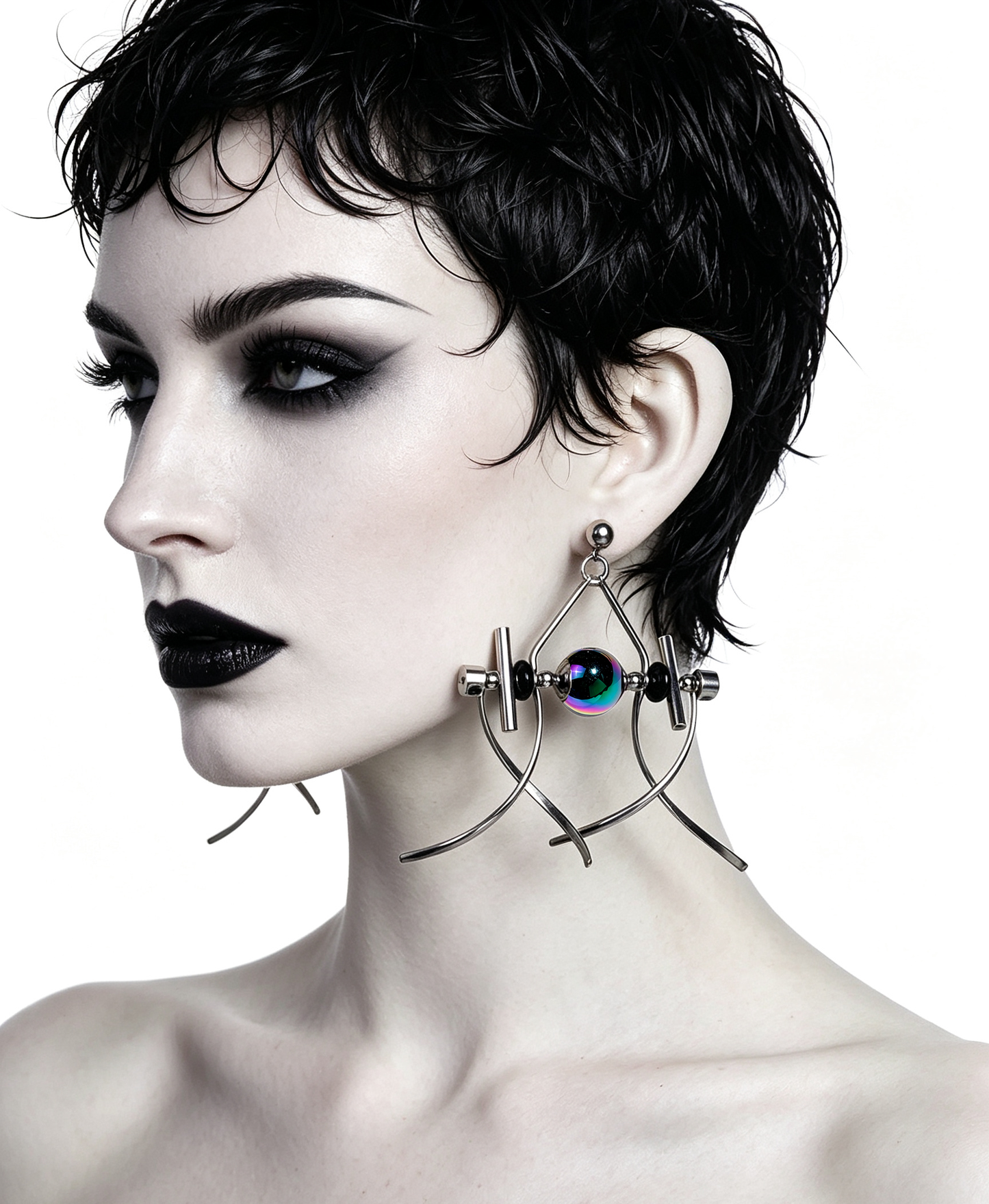 Handmade Stainless Steel Dangle Earring, Rainbow‑Holographic Black Round UV‑Bead Punk Gothic Drop Earring Jewelry