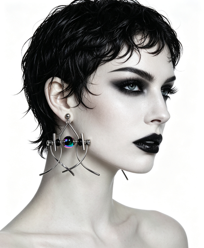 Handmade Stainless Steel Dangle Earring, Rainbow‑Holographic Black Round UV‑Bead Punk Gothic Drop Earring Jewelry