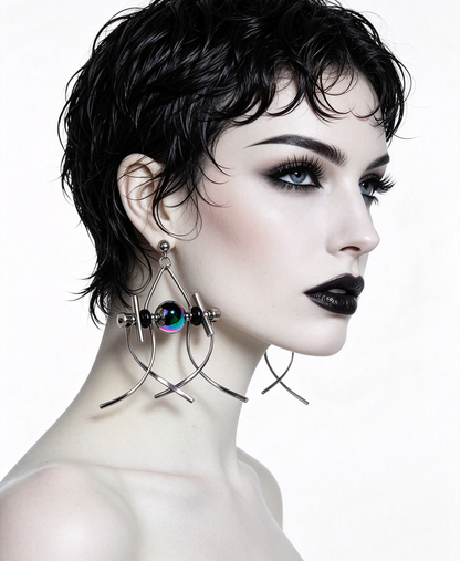 Handmade Stainless Steel Dangle Earring, Rainbow‑Holographic Black Round UV‑Bead Punk Gothic Drop Earring Jewelry