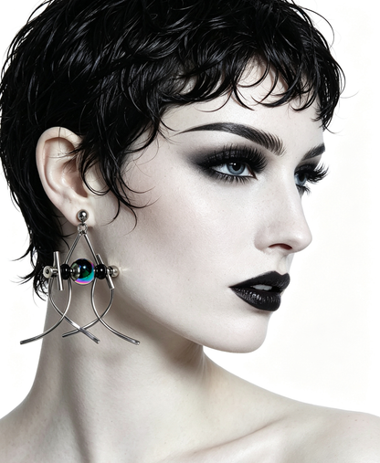 Handmade Stainless Steel Dangle Earring, Rainbow‑Holographic Black Round UV‑Bead Punk Gothic Drop Earring Jewelry
