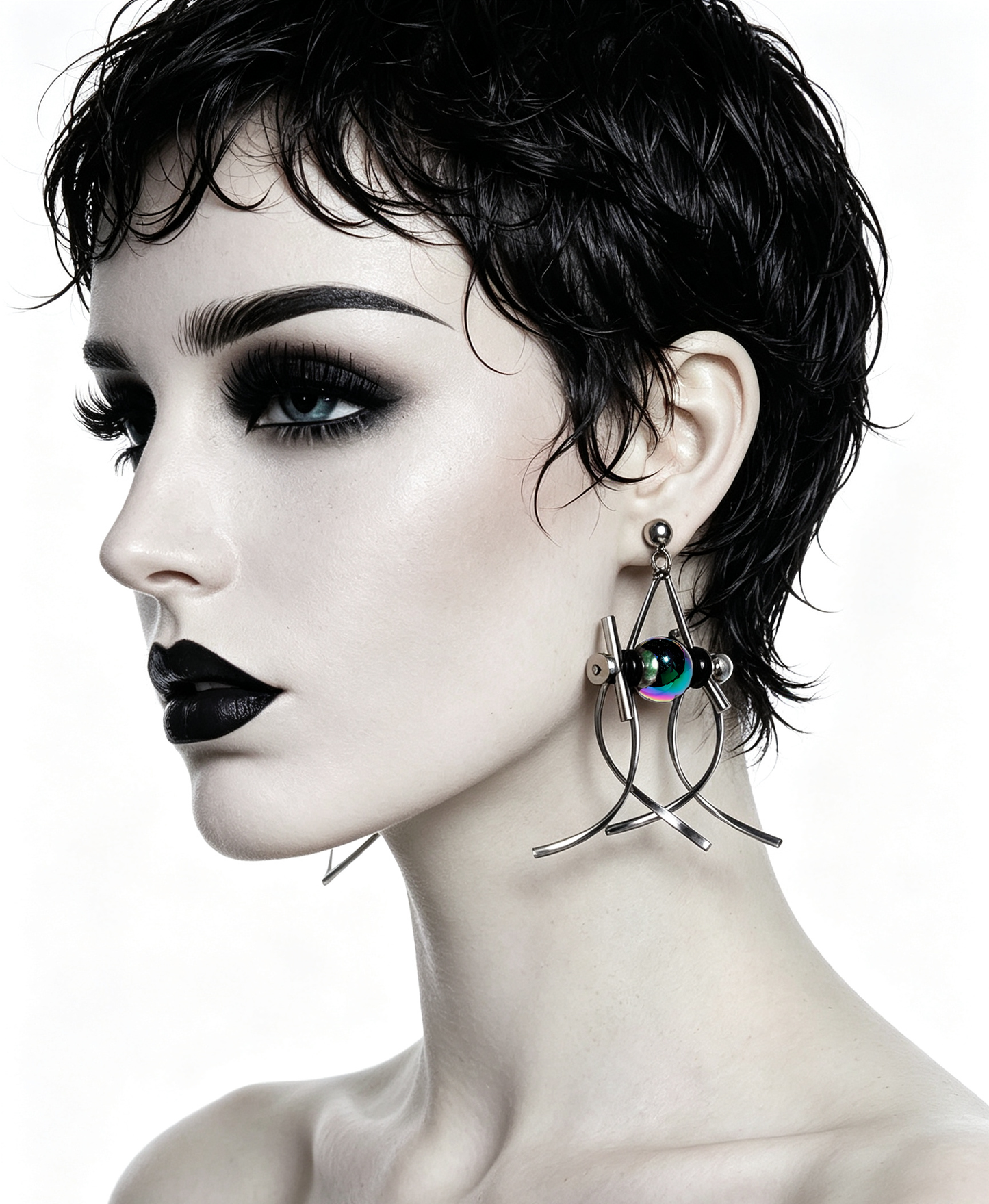 Handmade Stainless Steel Dangle Earring, Rainbow‑Holographic Black Round UV‑Bead Punk Gothic Drop Earring Jewelry