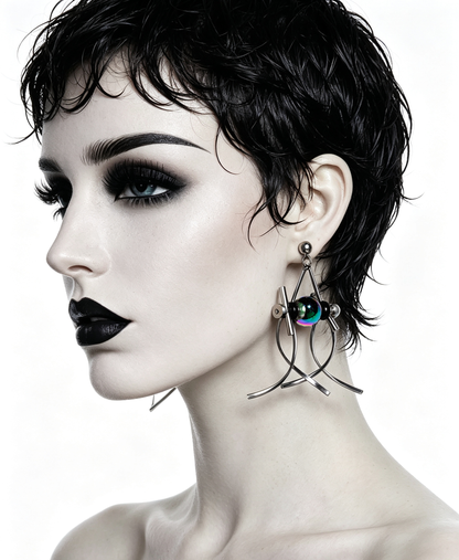 Handmade Stainless Steel Dangle Earring, Rainbow‑Holographic Black Round UV‑Bead Punk Gothic Drop Earring Jewelry