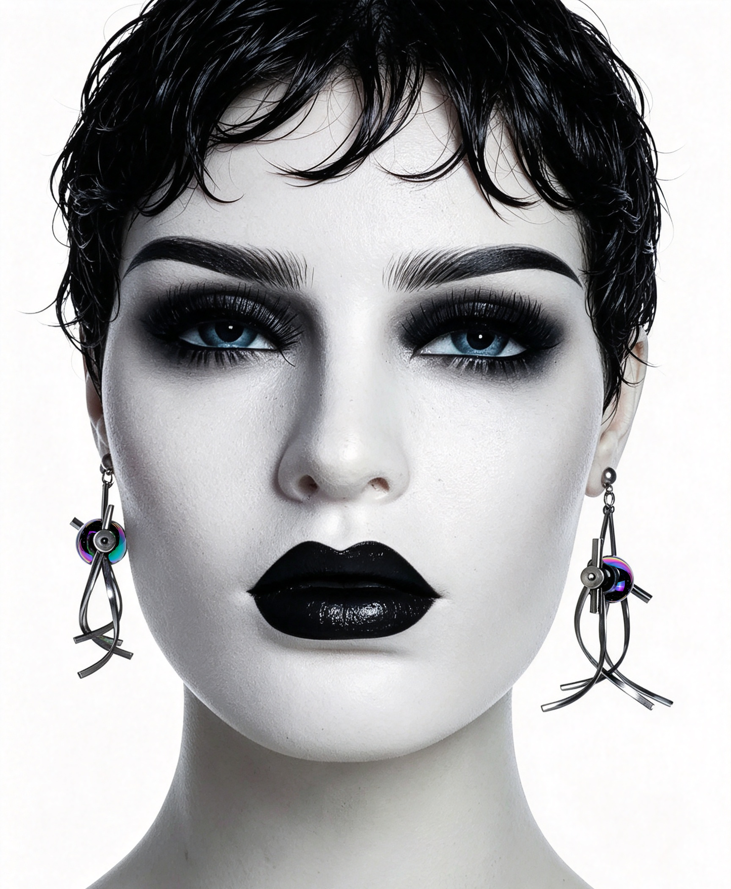 Handmade Stainless Steel Dangle Earring, Rainbow‑Holographic Black Round UV‑Bead Punk Gothic Drop Earring Jewelry