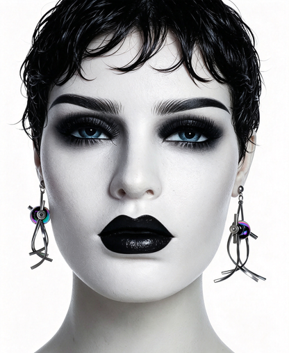 Handmade Stainless Steel Dangle Earring, Rainbow‑Holographic Black Round UV‑Bead Punk Gothic Drop Earring Jewelry