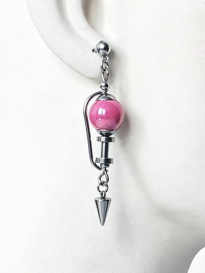 Handmade Stainless Steel Dangle Earring, Hot‑Pink Round UV‑Bead Spiked Punk Gothic Drop Earring Jewelry
