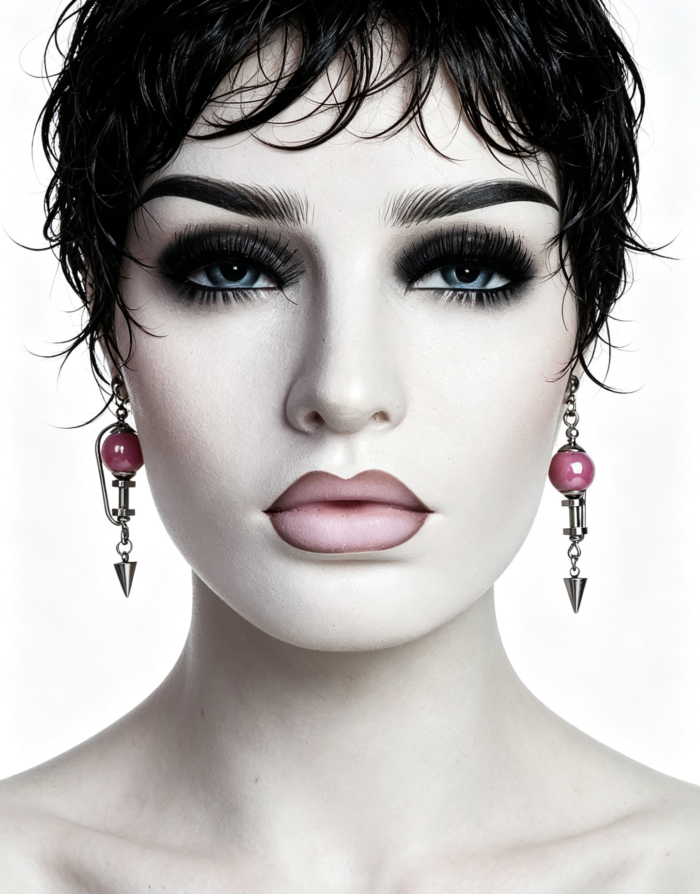 Handmade Stainless Steel Dangle Earring, Hot‑Pink Round UV‑Bead Spiked Punk Gothic Drop Earring Jewelry