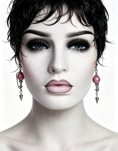 Handmade Stainless Steel Dangle Earring, Hot‑Pink Round UV‑Bead Spiked Punk Gothic Drop Earring Jewelry