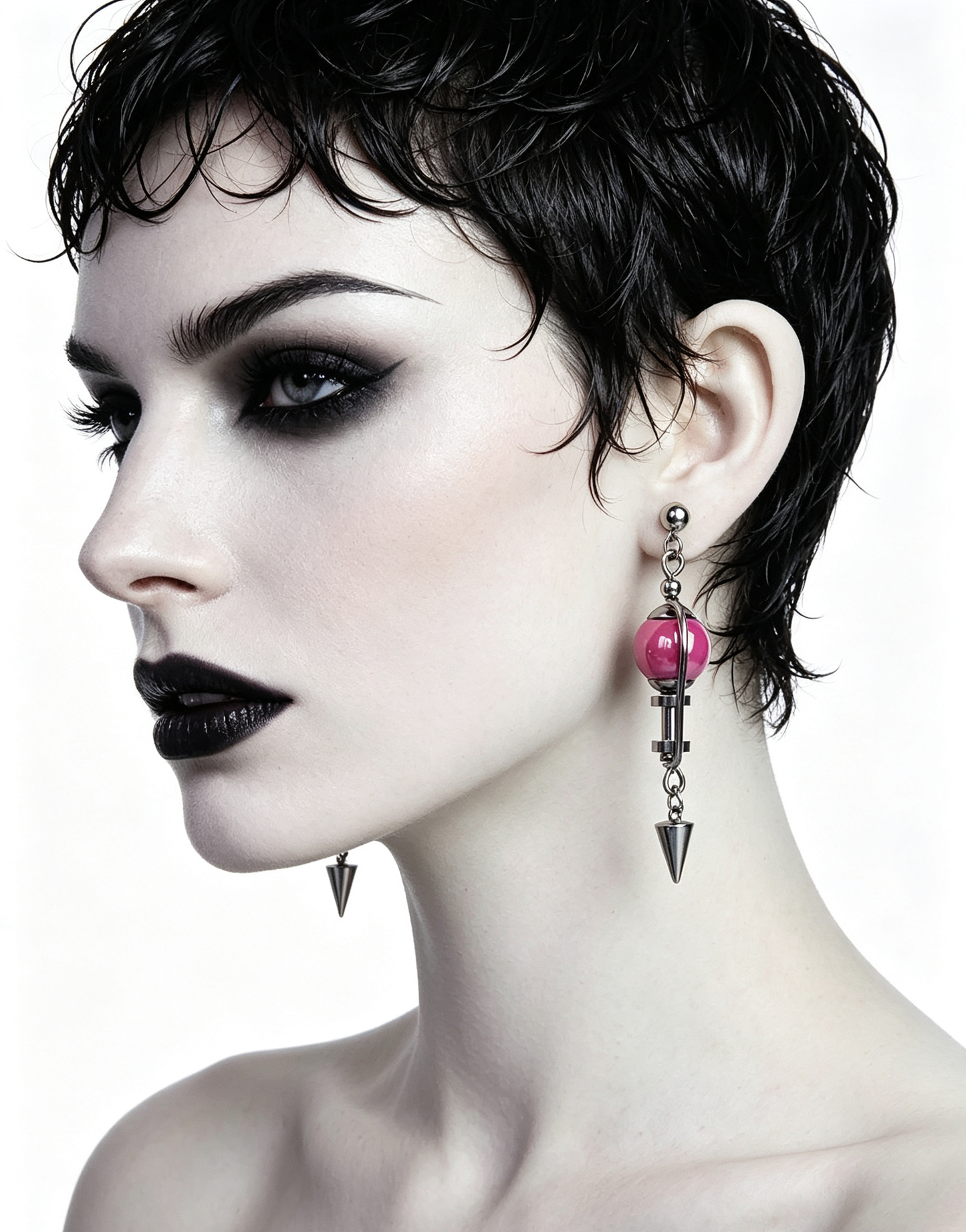 Handmade Stainless Steel Dangle Earring, Hot‑Pink Round UV‑Bead Spiked Punk Gothic Drop Earring Jewelry