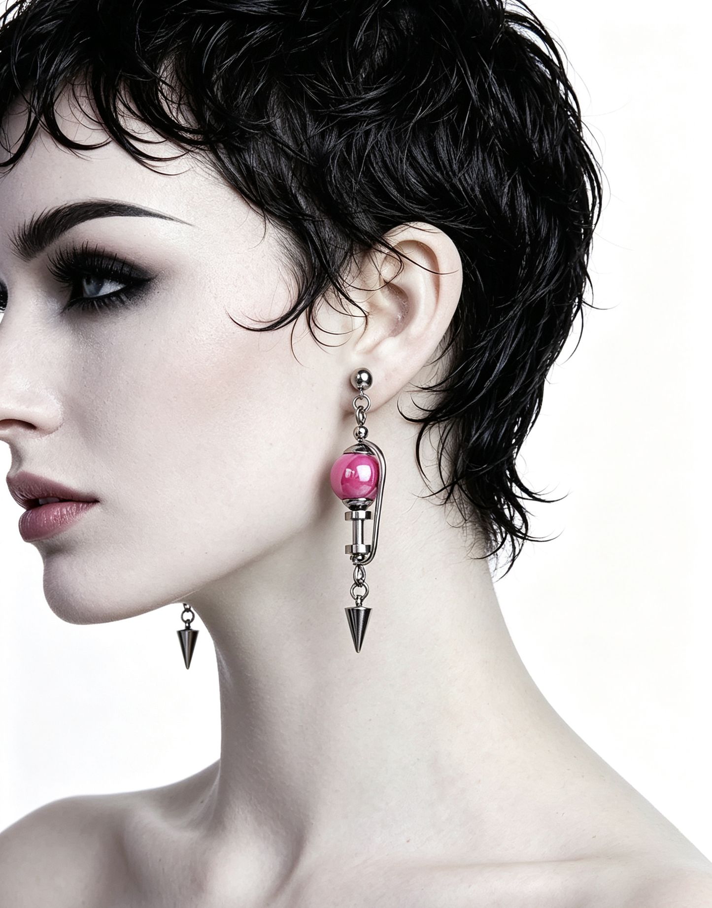 Handmade Stainless Steel Dangle Earring, Hot‑Pink Round UV‑Bead Spiked Punk Gothic Drop Earring Jewelry