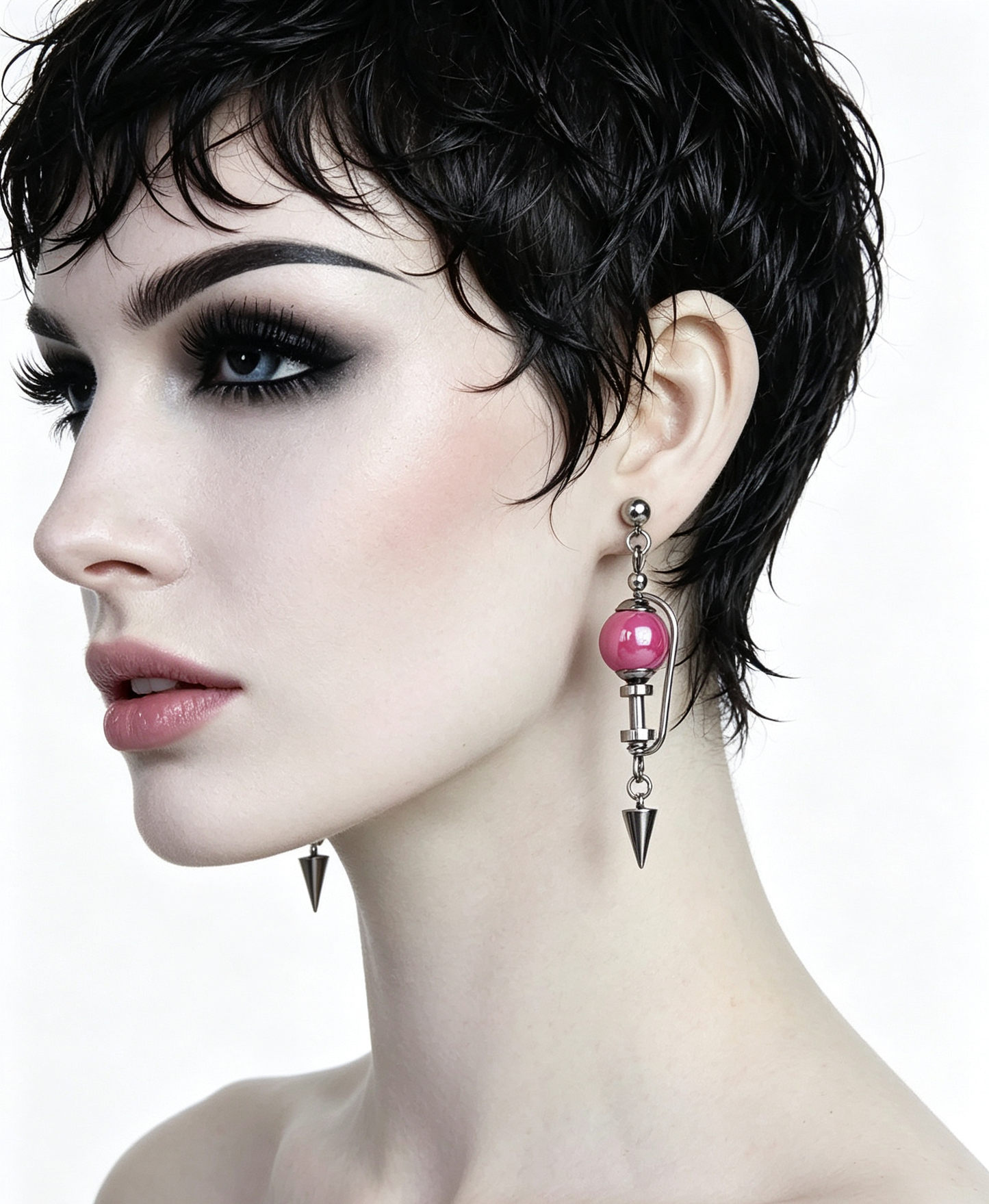 Handmade Stainless Steel Dangle Earring, Hot‑Pink Round UV‑Bead Spiked Punk Gothic Drop Earring Jewelry