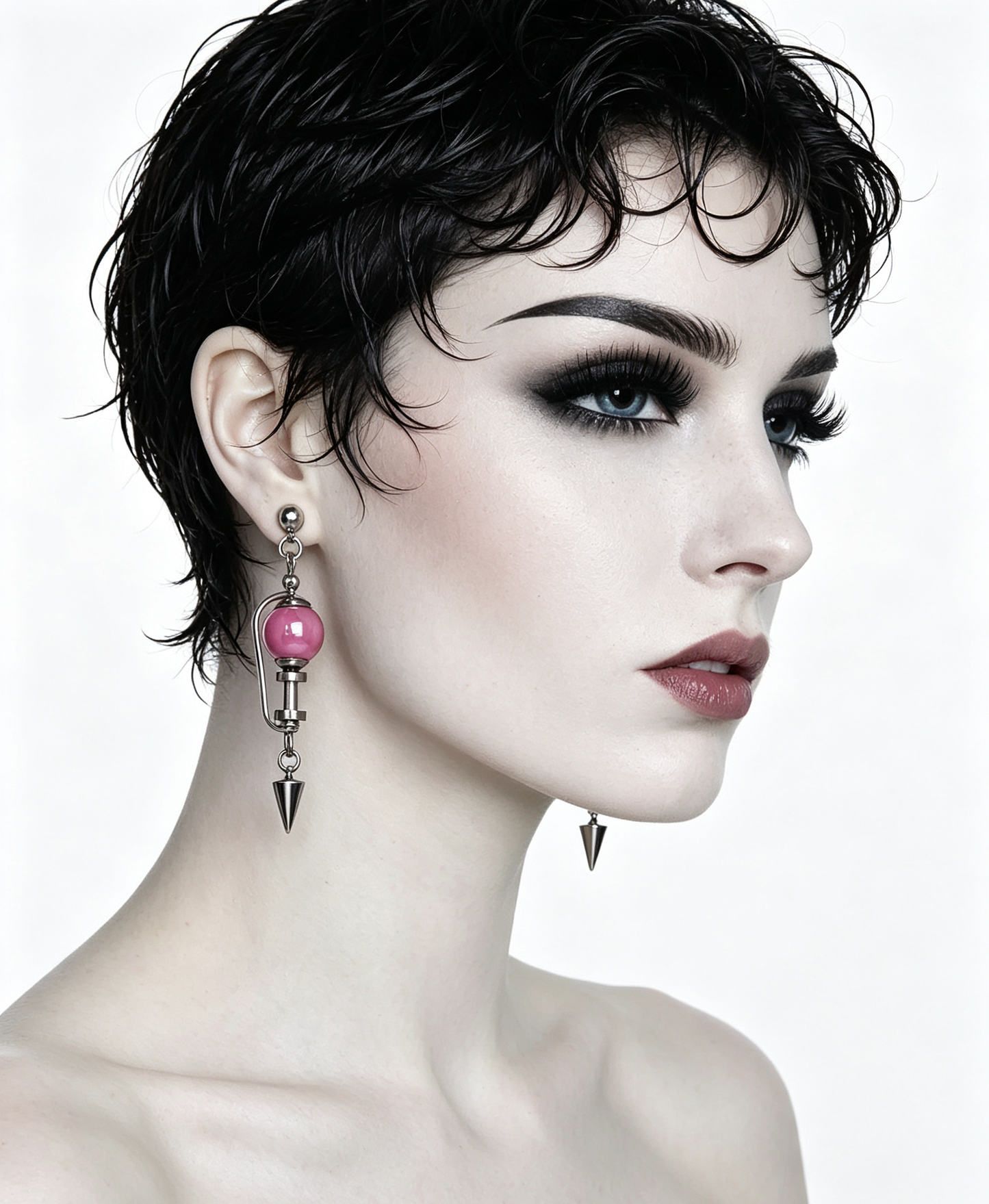 Handmade Stainless Steel Dangle Earring, Hot‑Pink Round UV‑Bead Spiked Punk Gothic Drop Earring Jewelry