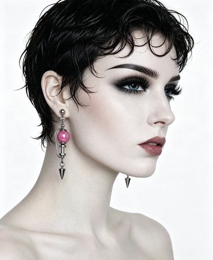 Handmade Stainless Steel Dangle Earring, Hot‑Pink Round UV‑Bead Spiked Punk Gothic Drop Earring Jewelry